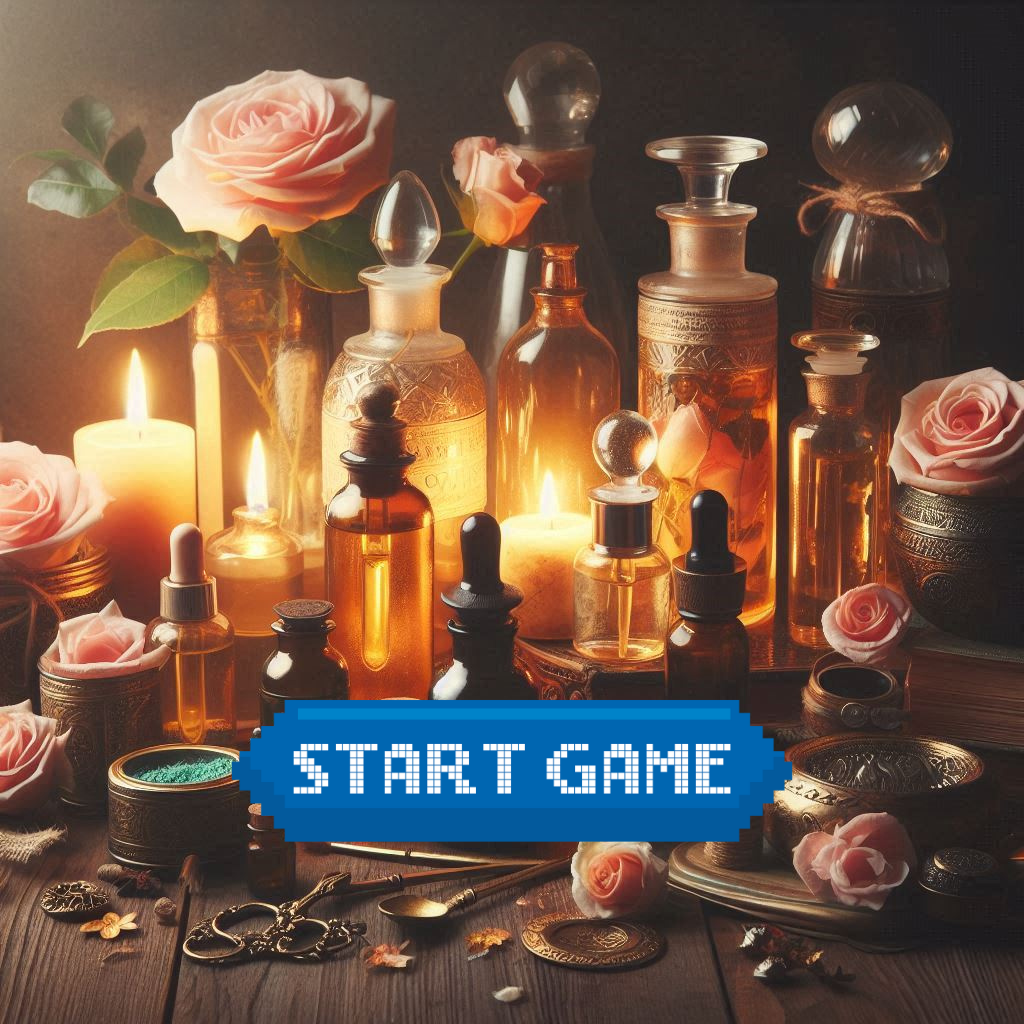 A collection of potion bottles, candles, and roses with a pixelated 'START GAME' prompt, evoking a magical atmosphere.
