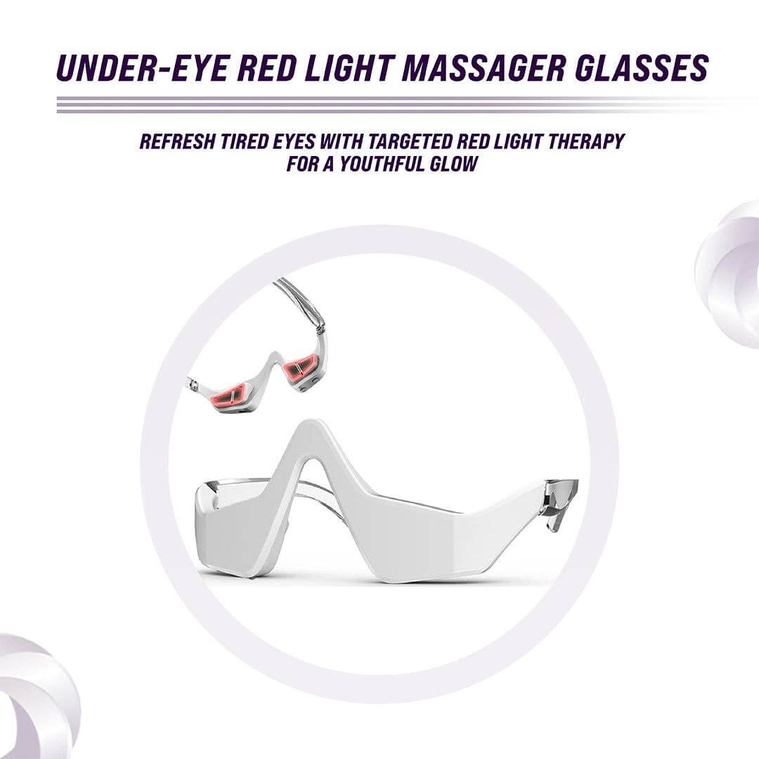 Under-eye red light massager glasses for reducing dark circles and puffiness, promoting youthful skin and relaxation.