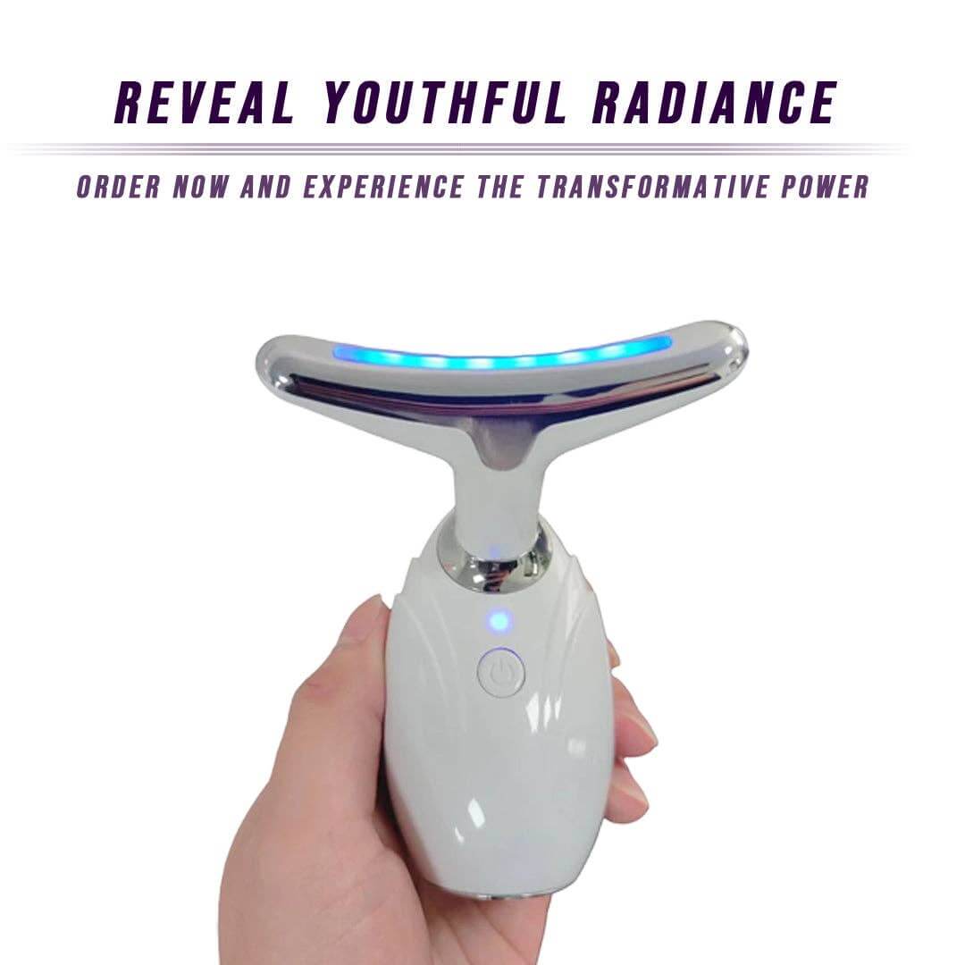 Neck and face lifting LED therapy device in hand, promoting youthful radiance and effective wrinkle removal.