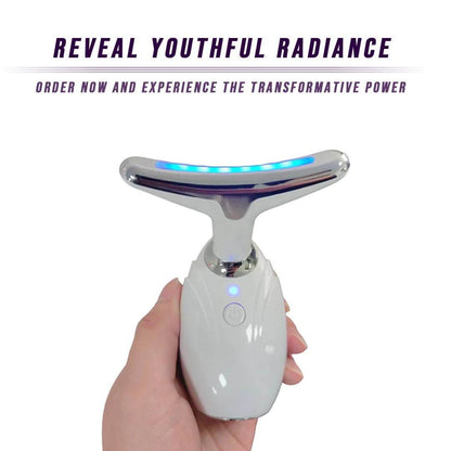 Neck and face lifting LED therapy device in hand, promoting youthful radiance and effective wrinkle removal.