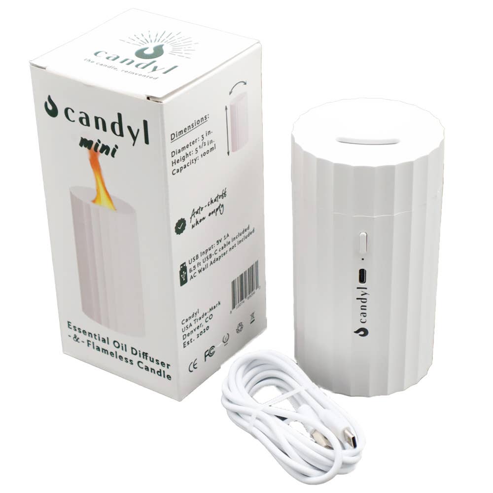 Mini Multi-Color Flame Essential Oil Diffuser in white with USB-C cable, candle-style appearance, portable design.