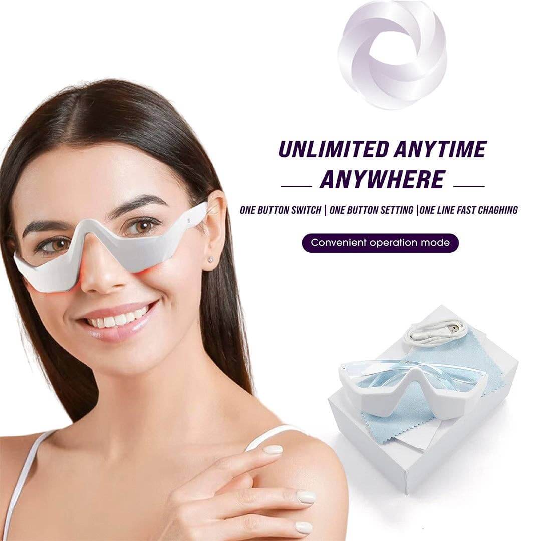 Under-eye red light LED therapy massager shown on a smiling woman with white goggles, promoting convenience and anti-aging benefits.